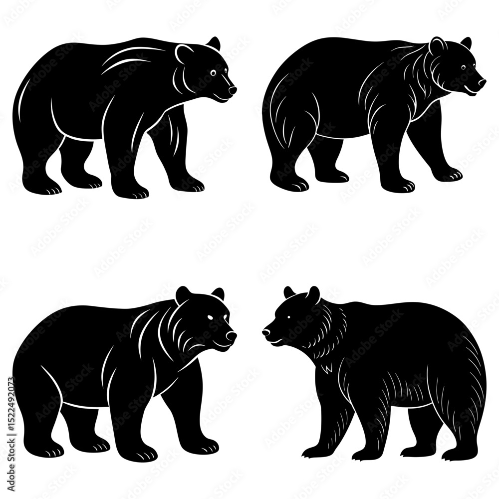 Fototapeta premium Four black bear silhouettes in various poses against a white background, showcasing wildlife art style