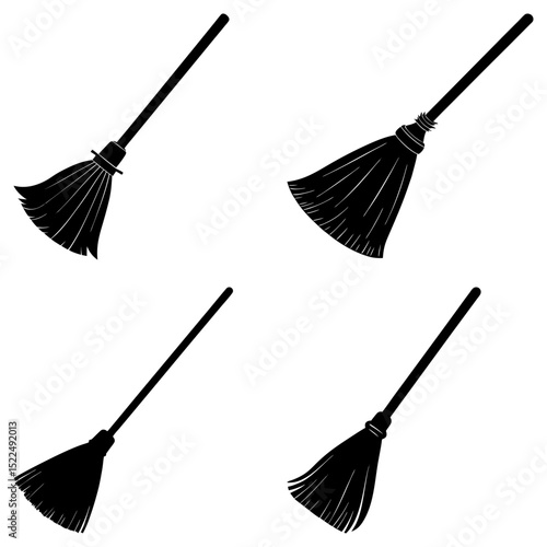 Four black brooms with long handles and bristles arranged in a square pattern on a white background