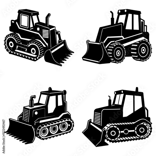 Four different black and white bulldozer illustrations with distinct designs and track styles shown