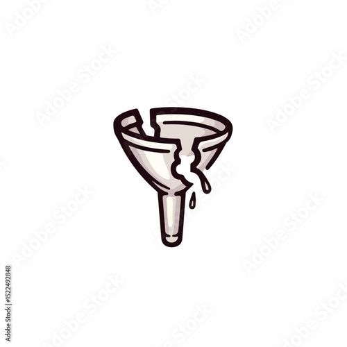 Broken funnel illustration. Cracked sales funnel leaking potential customers.  Damaged sales funnel graphic for marketing presentations and reports,