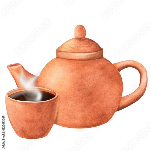 Wallpaper Mural Watercolor terracotta clay teapot and tea cup full of hot tea. Oriental tea ceremony clipart. Hand-drawn watercolor illustration isolated. For postcards, menu, invitation design Torontodigital.ca