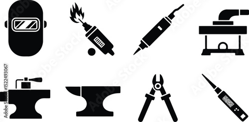 Welding tools and equipment vector icons set blacksmithing and metalworking industry safety gear and supplies editable stock vector illustration