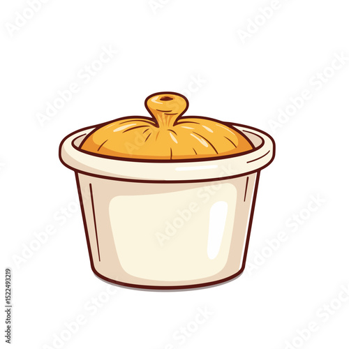Creamy casserole dish with a slightly chipped lid. This illustration shows a classic ceramic pot, perfect for soups or stews, with a textured lid.