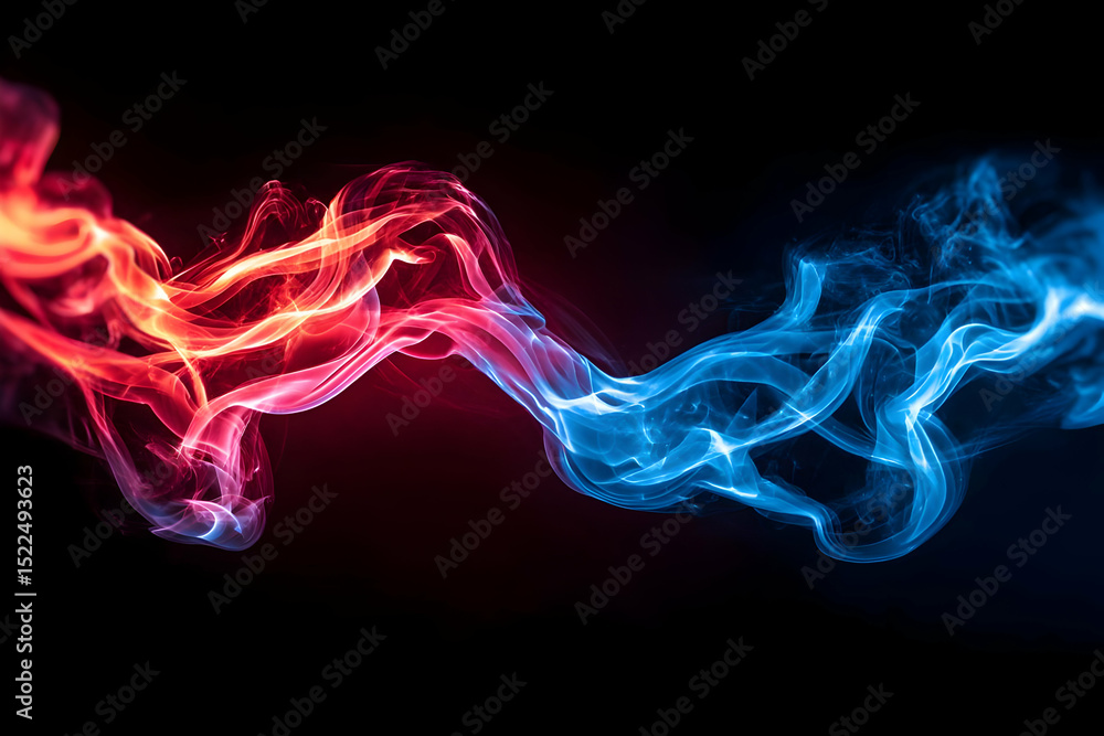 Fototapeta premium Dynamic swirling smoke in red and blue tones creating an abstract and colorful background for creative designs.