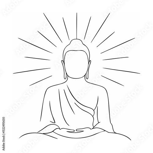 Line art illustration of a seated buddha with a halo effect in a meditative pose