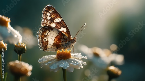 A close-up of a butterfly resting on a dewy flower in morning light.