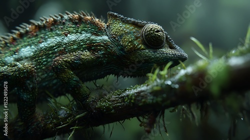 A close-up of a chameleon's textured skin as it grips a mossy branch in a rainforest.