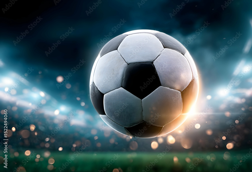 Naklejka premium Dynamic soccer ball in motion under stadium lights, capturing the excitement of the game and the thrill of competition.