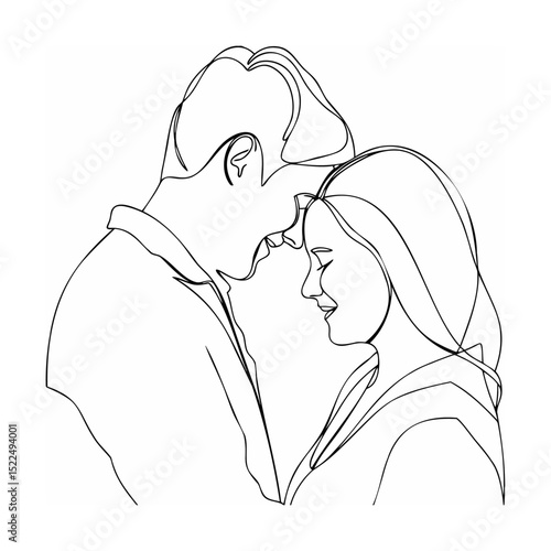 Intimate line art illustration depicting a loving couple with connected foreheads and closed eyes