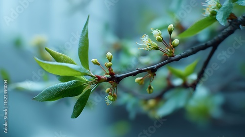 A close-up of a spring tree branch with vivid green buds and tiny blossoms, captured against a softly blurred background.