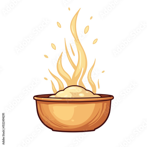 Steaming bowl of hot porridge. Golden porridge in rustic bowl with steam rising. Warm and comforting porridge illustration perfect for food blogs or cookbook.