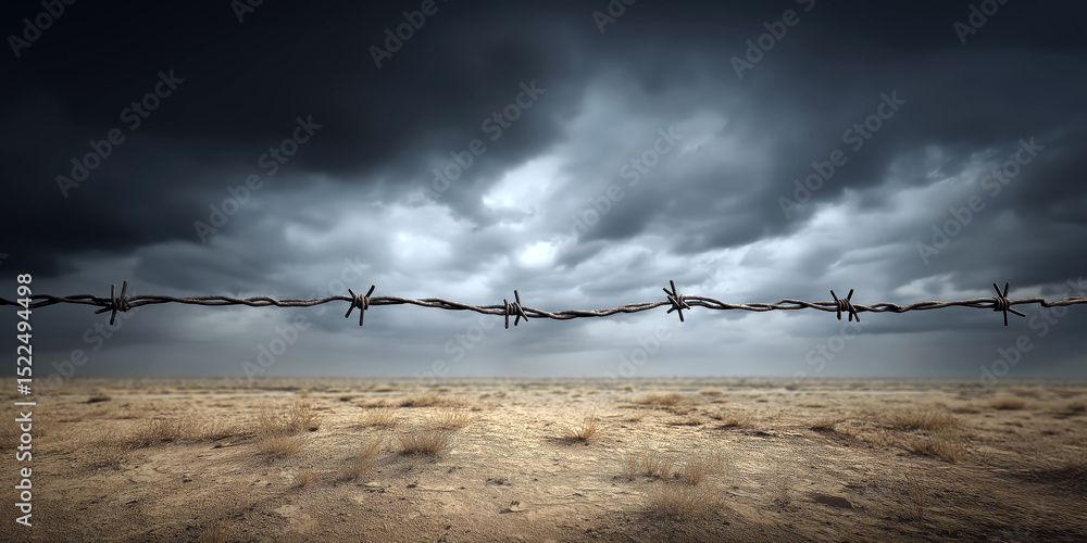 custom made wallpaper toronto digitalA barbed wire fence stretching across a barren no man's land between two countries, dramatic sky, symbol of political separation.