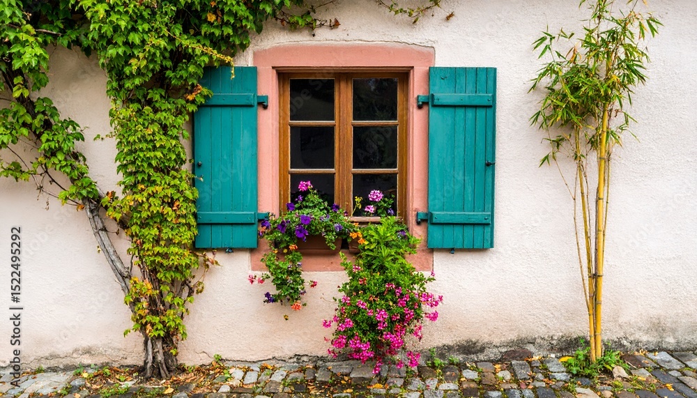 A charming window adorned with vibrant flowers and green shutters, perfect for a tranquil scene. The combination creates a quaint, welcoming aesthetic. A charming window adorned with vibrant flowers and green shutters, perfect for a tranquil scene. The combination creates a quaint, welcoming aesthetic.
