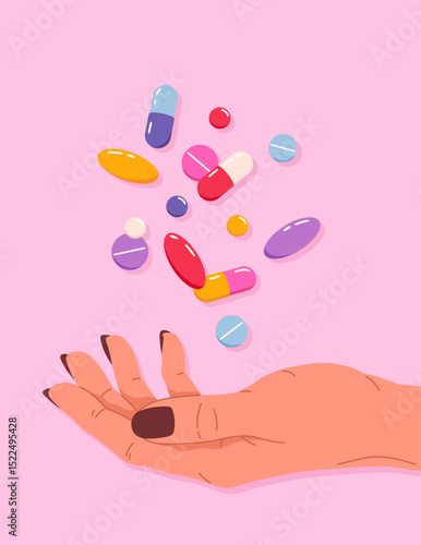 Flat illustration of female hand with falling various pills, capsules or vitamins. Medical clinic poster or banner for healthcare. Pharmaceutical concept, treatment with antidepressants, painkillers