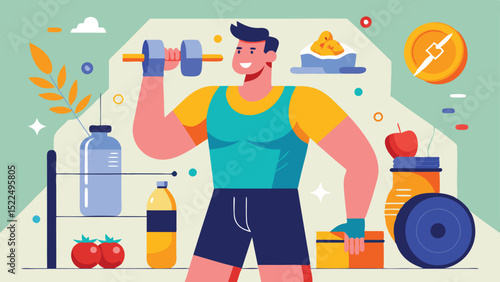 Cartoon Man Lifting Dumbbell Beside Foodstuffs and Exercise Equipment on Pastel Backdrop