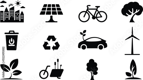 Eco friendly environment green energy sustainability renewable resources ecology nature conservation icons set editable stock vector illustration