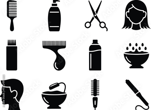 Hair salon tools and accessories vector icon set for hairdressing and beauty industry needs design 100 editable stock vector illustration