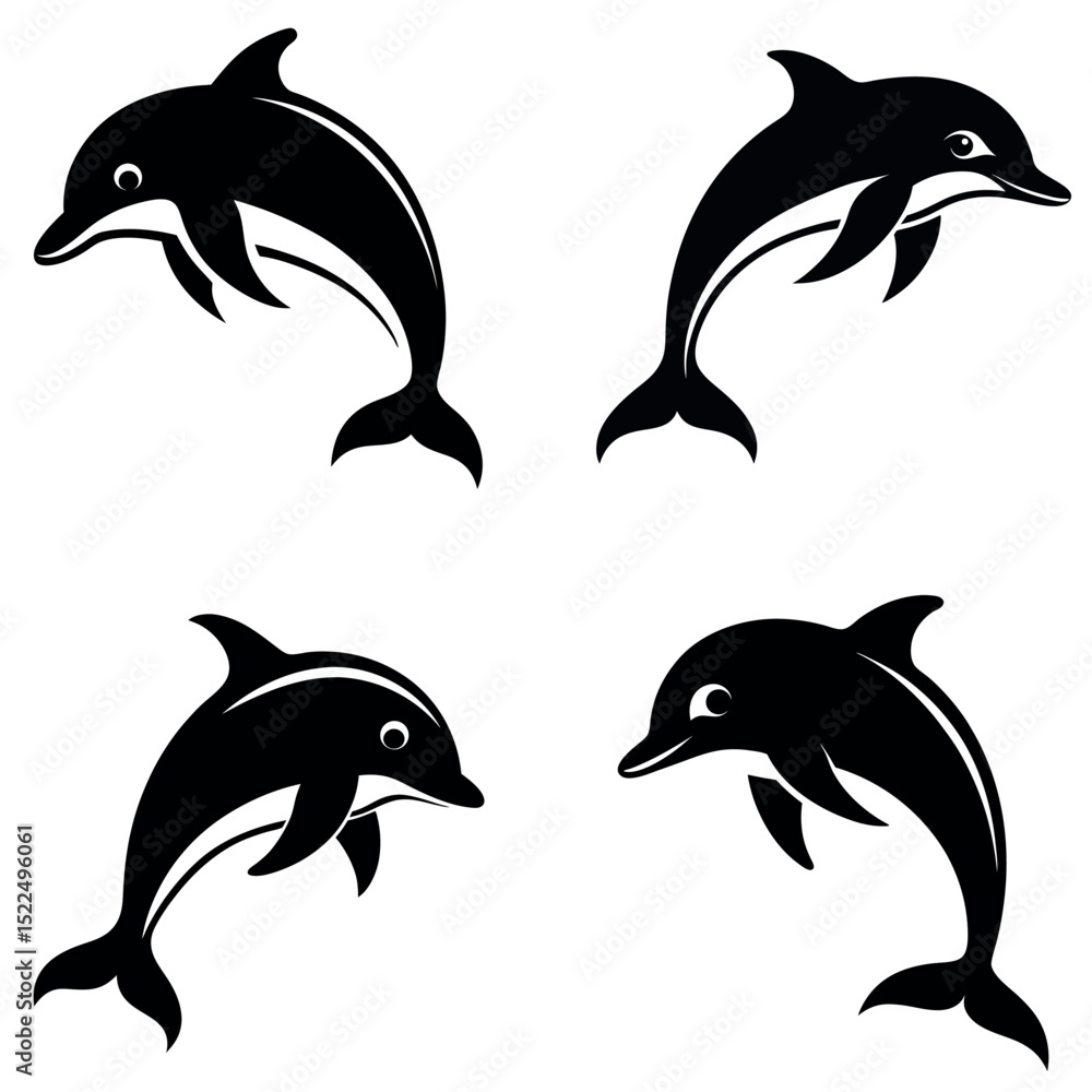 Naklejka premium Four Black Dolphin Silhouettes in Leaping Poses, Illustration on White Background, Marine Life