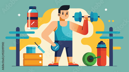 Cartoon Man Working Out with Dumbbells and a Weight Barbell near Equipment