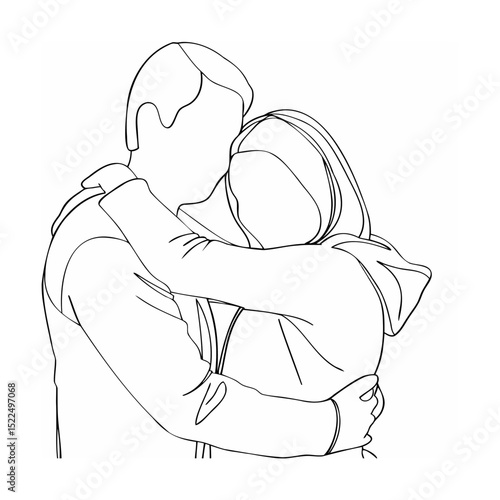 Loving couple embracing each other in an affectionate close embrace outline art