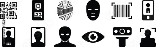Biometric identification security systems face recognition qr code fingerprint scanner access control icons editable stock vector illustration
