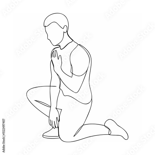 Minimalist line drawing of a kneeling person covering their shoulder in anguish