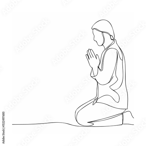 Simple continuous line drawing of a person praying on their knees in humble worship
