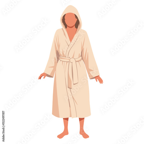 Soft hooded bathrobe for women. Comfortable lightweight bathrobe perfect for relaxation after shower.  Elegant beige bathrobe for spa and wellness concepts.