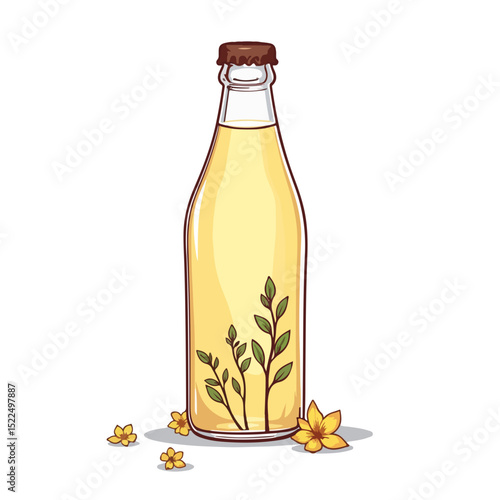 Herbal tonic bottle with yellow flowers and green leaves.  Refreshing herbal tonic beverage in glass bottle.  This image of herbal tonic is perfect for health food packaging design.