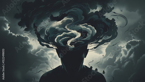 Monochrome art of obsessive thoughts and inner turmoil, depression, melancholy, mental suffering, sadness