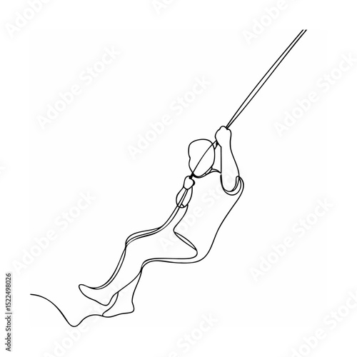 Single line drawing illustrating a person swinging on a rope against a white background