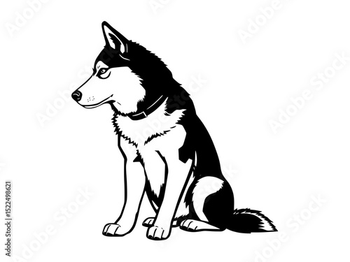 A detailed black and white monochrome vector illustration of a Siberian Husky dog sitting gracefully.