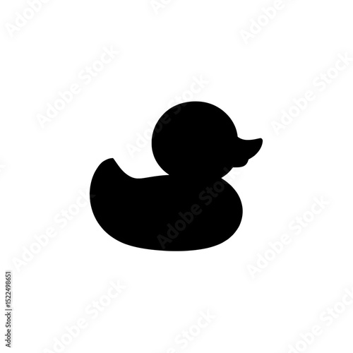 A simple black silhouette of a rubber duck on a plain white background. The minimalist style highlights its iconic shape. Vector Illustration.