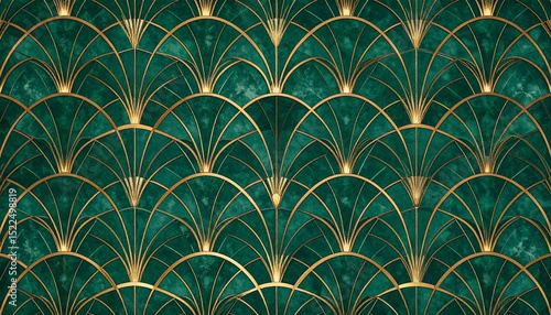 A luxurious art deco pattern featuring a teal background with gold accents in an elegant design. Perfect for high-end branding, packaging, and interior design inspiration