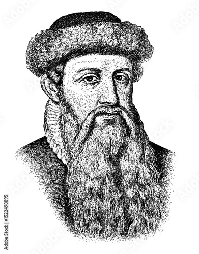 Portrait of printing press inventor Johannes Gutenberg in vintage stipple engraving style isolated on transparent background