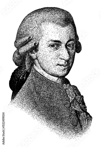 Foto Portrait of Austrian composer Wolfgang Amadeus Mozart in vintage stipple engravi