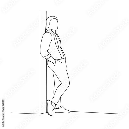 Minimalist line drawing of a man leaning against a wall casual business attire