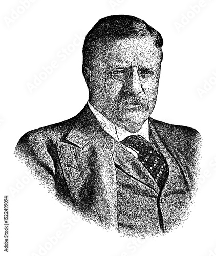 Portrait of U.S. president Theodore Roosevelt in vintage stipple engraving style isolated on transparent background