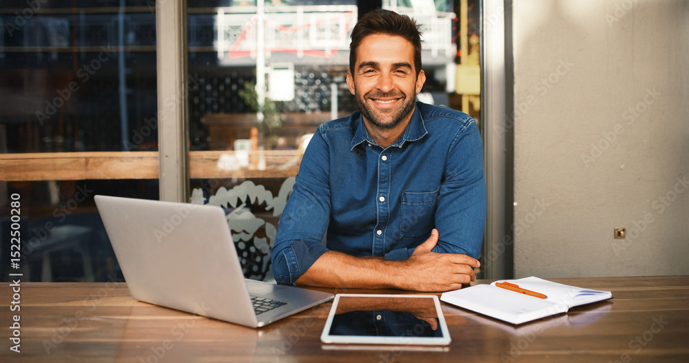 custom made wallpaper toronto digitalLaptop, portrait and tablet with man in coffee shop to research for small business startup. Computer, remote work and website with happy freelance employee person at cafe or restaurant as customer