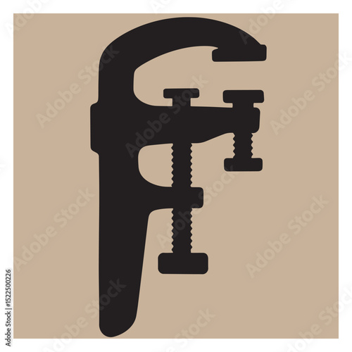 Silhouette of a black c clamp tool isolated on a beige background representing construction