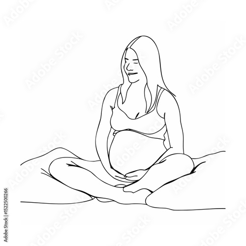 Smiling expectant mother sitting and contemplating in simple line art illustration