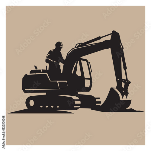 Silhouette illustration of an excavator operated by a construction worker on beige background