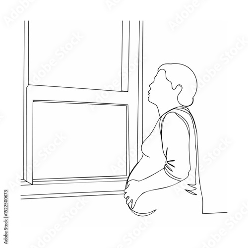 Pregnant woman gazing out a window in elegant minimalist black line art