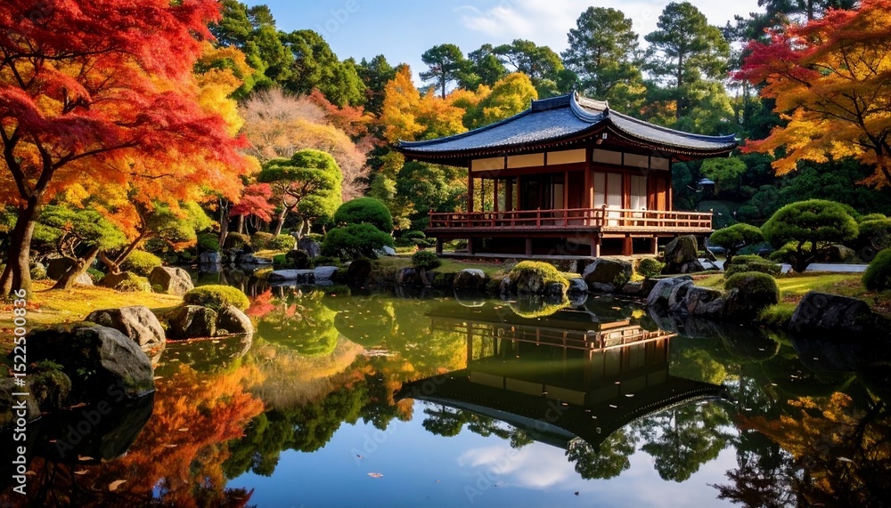 Fototapeta premium Autumnal Serenity: Japanese Garden Pavilion Reflection