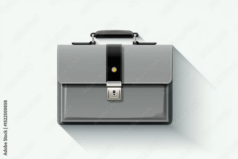 Obraz premium Gray business briefcase icon with black strap, metallic lock, and handle, centered on light background, modern flat design, professional and minimal style