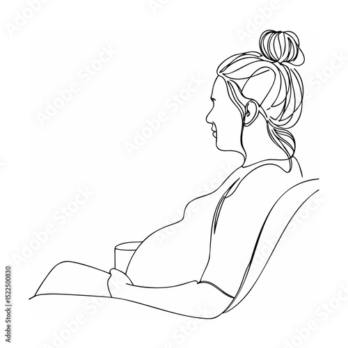 Elegant continuous line drawing of a pregnant woman relaxing with a drink gracefully