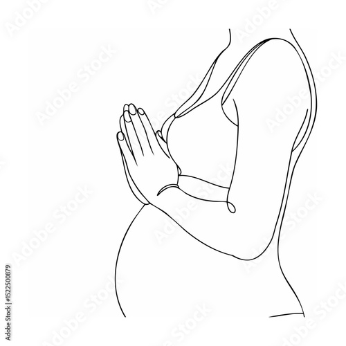 Minimalist line drawing depicting a pregnant woman with hands together in a praying gesture