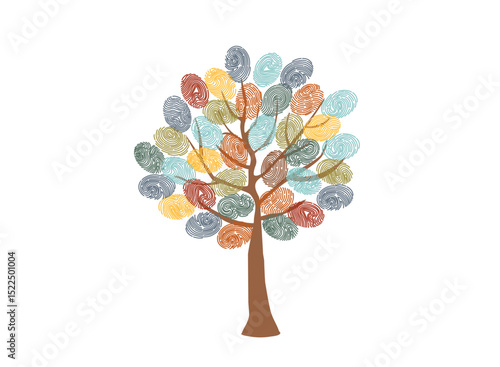 Inclusion and diversity concept clipart. Tree leaves shaped like fingerprints. Colorful handprints. Vector hand drawn illustration.