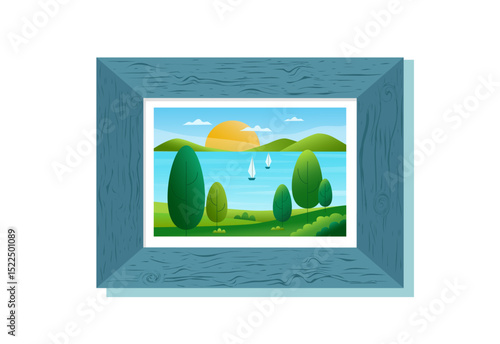 Picture of landscaped nature background in wooden blue frame. Room interior element. Vector illustration clipart. Gradient banner.	