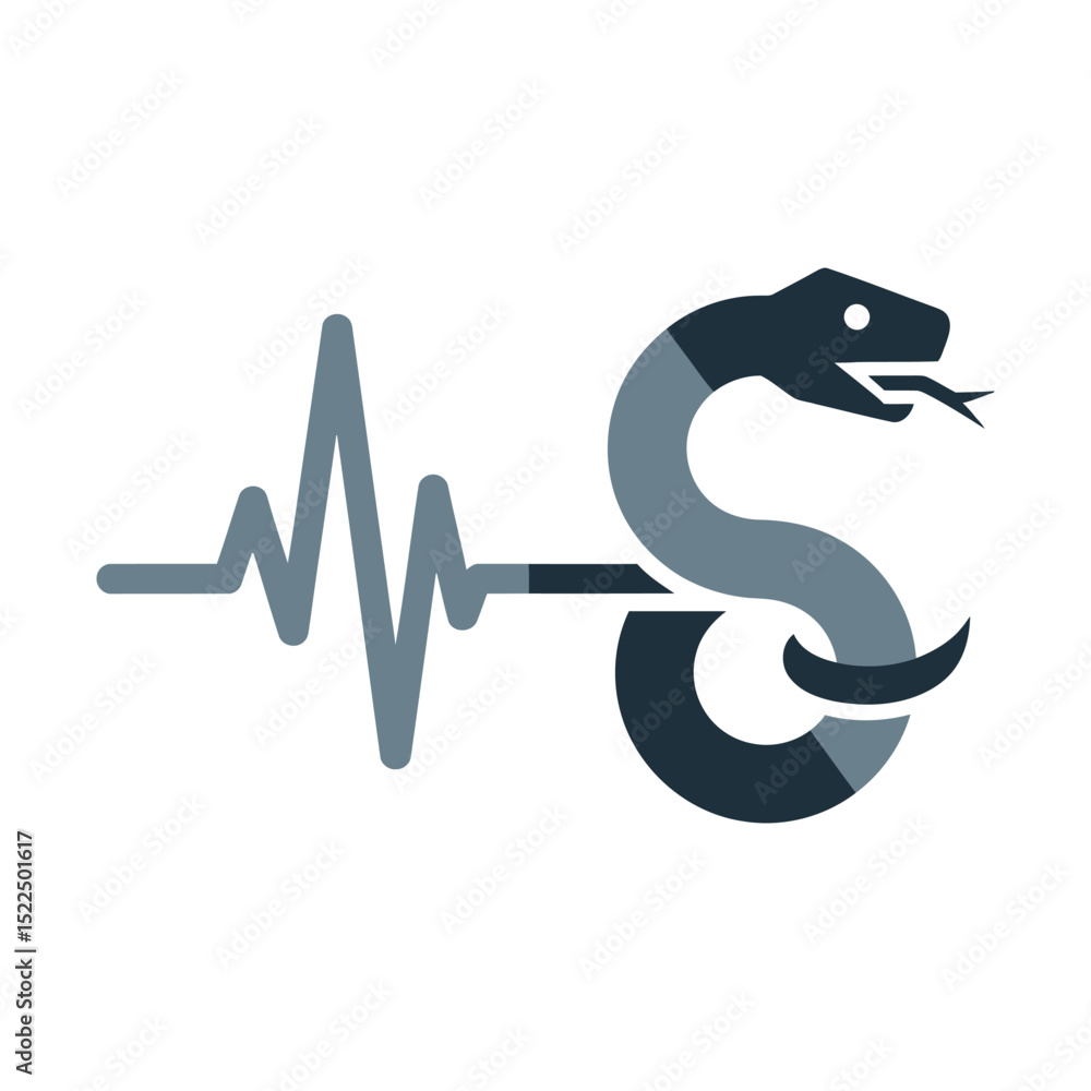 Stylized Snake Coiled with Heartbeat Line, Medical Symbolism in Blue Tones Stylized Snake Coiled with Heartbeat Line, Medical Symbolism in Blue Tones